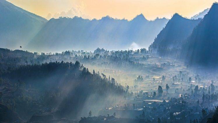 mist, Sunrise, Nature, Village, Mountain, Sun Rays, Landscape, Trees, Indonesia, Forest, Valley HD Wallpaper Desktop Background