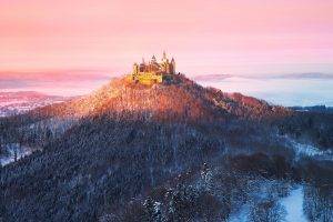 nature, Landscape, Building, Clouds, Hill, Trees, Forest, Hohenzollern, Castle, Germany, Winter, Snow, Mist, Sunset