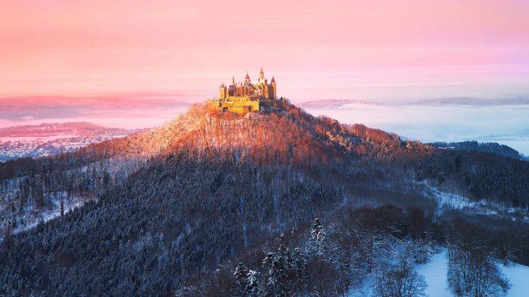 nature, Landscape, Building, Clouds, Hill, Trees, Forest, Hohenzollern, Castle, Germany, Winter, Snow, Mist, Sunset HD Wallpaper Desktop Background