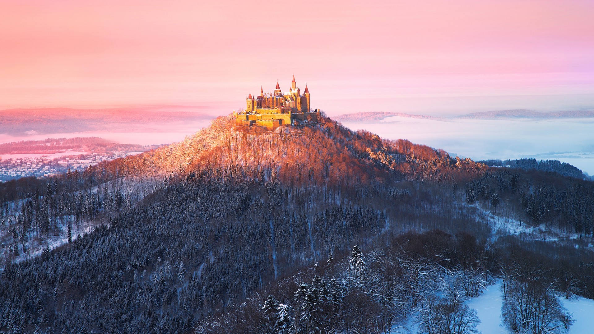 nature, Landscape, Building, Clouds, Hill, Trees, Forest, Hohenzollern, Castle, Germany, Winter, Snow, Mist, Sunset Wallpaper