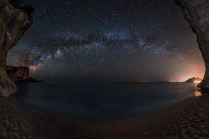 landscape, Nature, Starry Night, Milky Way, Cave, Beach, Sand, Sea, Lights, Galaxy, Sky, Long Exposure, Sardinia