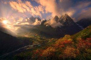 nature, Landscape, Fall, Shrubs, Mountain, Himalayas, Tibet, Sunset, Clouds, Sun Rays, Valley, Snowy Peak