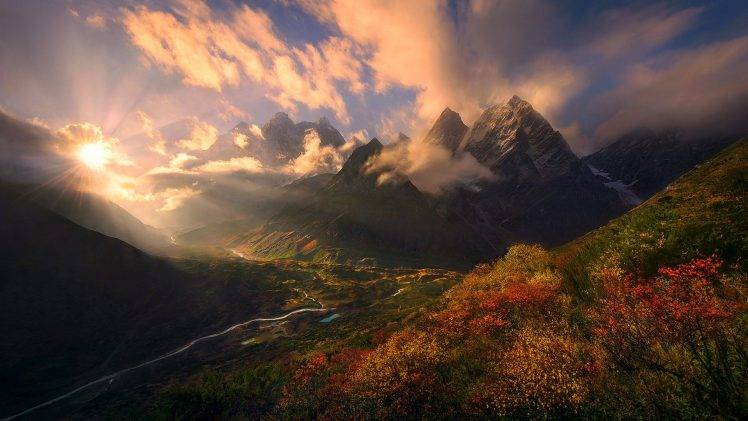 nature, Landscape, Fall, Shrubs, Mountain, Himalayas, Tibet, Sunset, Clouds, Sun Rays, Valley, Snowy Peak HD Wallpaper Desktop Background