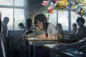 creativity, Anime Girls, School, Trees, School Uniform, Desk, Abstract, Original Characters