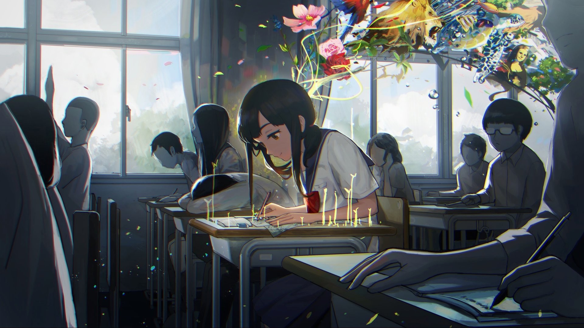 285982 creativity anime_girls school trees school_uniform desk abstract original_characters