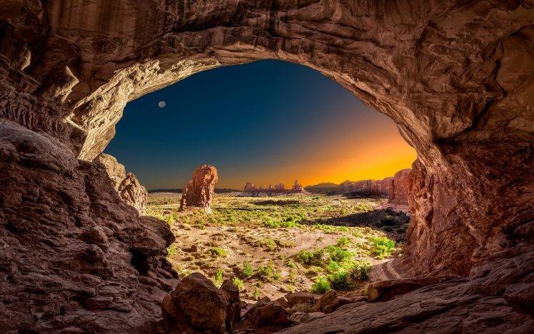 nature, Landscape, Utah, Sunrise, Moon, Arches National Park, Rock, Desert, Galaxy, IPhone 5S, Black HD Wallpaper Desktop Background