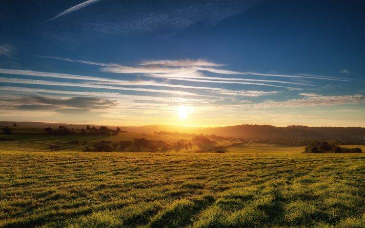 sky, Sunset, Field, Landscape, Clouds, Trees HD Wallpaper Desktop Background