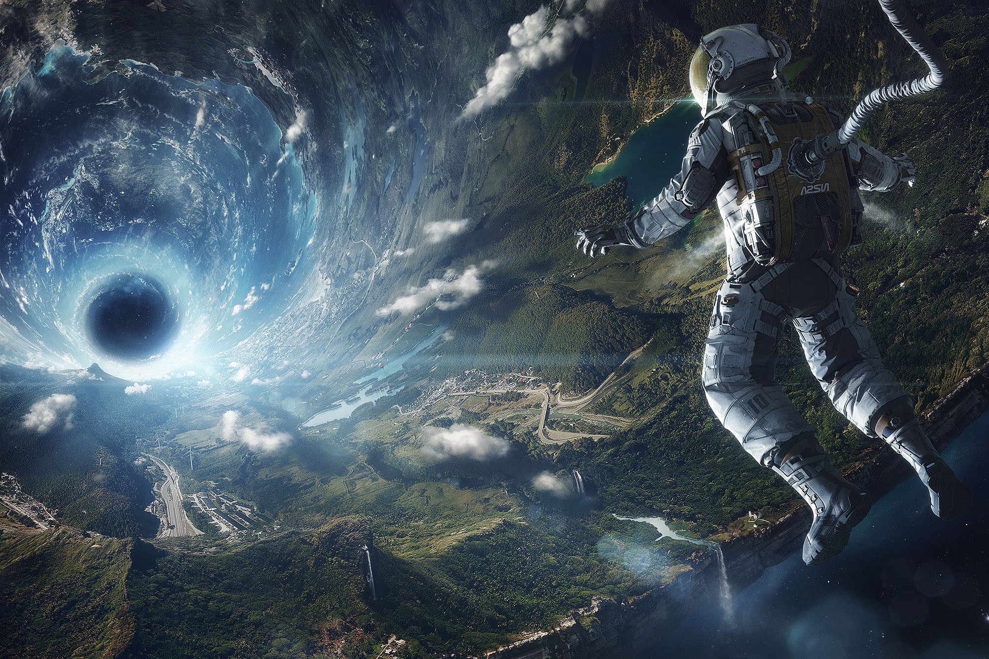 anime, Fantasy Art, Space, Earth, Astronaut, Tunnel Wallpaper