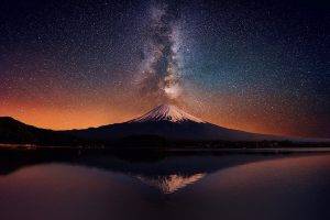 nature, Landscape, Long Exposure, Volcano, Milky Way, Starry Night, Lake, Reflection, Snowy Peak, Mountain, Mount Fuji, Poop