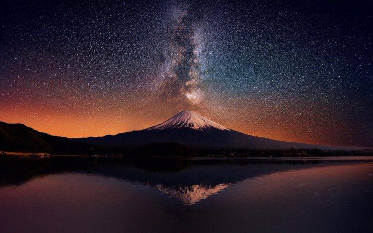 nature, Landscape, Long Exposure, Volcano, Milky Way, Starry Night, Lake, Reflection, Snowy Peak, Mountain, Mount Fuji, Poop HD Wallpaper Desktop Background