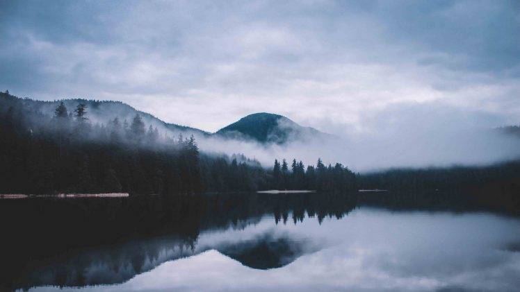 nature, Landscape, Mist, Morning, Lake, Reflection, Mountain, Forest, Clouds, Canada HD Wallpaper Desktop Background