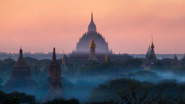 nature, Landscape, Sunrise, Temple, Mist, Buddhism, Tropical Forest, Sunlight, Blue, Myanmar, Architecture HD Wallpaper Desktop Background