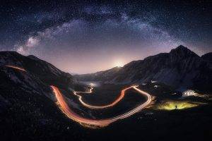 nature, Landscape, Milky Way, Mountain, Road, Starry Night, Lights, Italy, House, Long Exposure