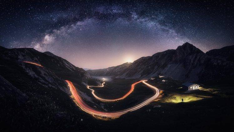 nature, Landscape, Milky Way, Mountain, Road, Starry Night, Lights, Italy, House, Long Exposure HD Wallpaper Desktop Background