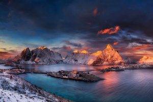 landscape, Nature, Winter, Sunrise, Snow, Ports, Mountain, Norway, Cold, Sea