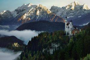 nature, Landscape, Castle, Mountain, Forest, Snowy Peak, Sunset, Mist, Germany