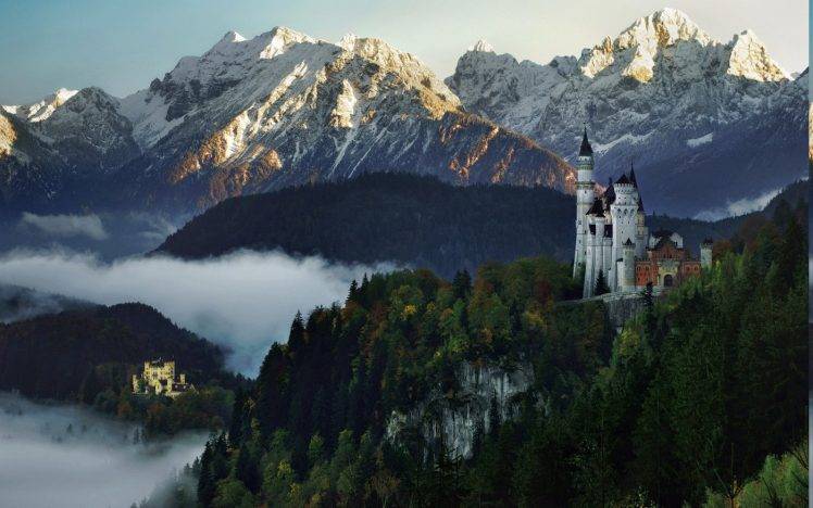 nature, Landscape, Castle, Mountain, Forest, Snowy Peak, Sunset, Mist, Germany HD Wallpaper Desktop Background