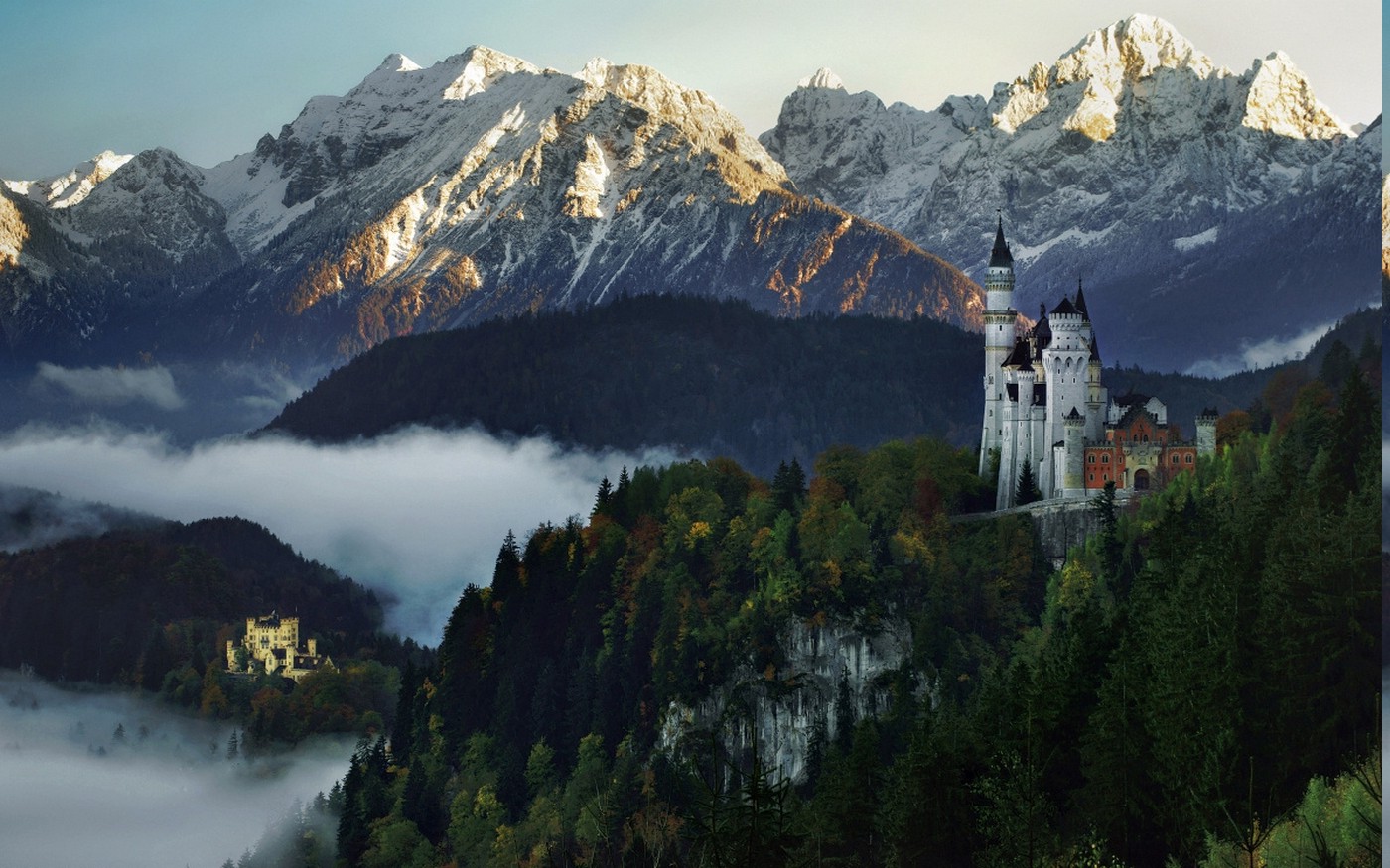nature, Landscape, Castle, Mountain, Forest, Snowy Peak, Sunset, Mist, Germany Wallpaper