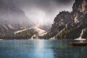 nature, Landscape, Panoramas, Lake, Fall, Mountain, Boat, Rain, Mist, Forest, Pine Trees, Alps