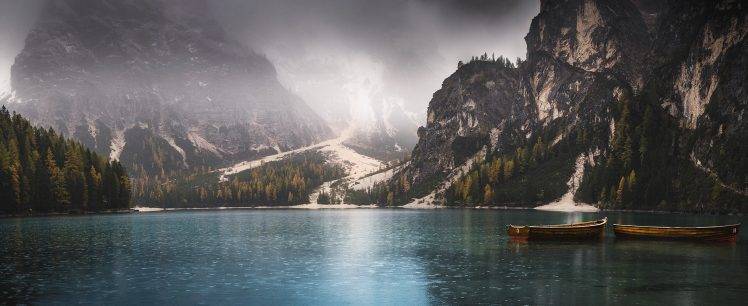 nature, Landscape, Panoramas, Lake, Fall, Mountain, Boat, Rain, Mist, Forest, Pine Trees, Alps HD Wallpaper Desktop Background