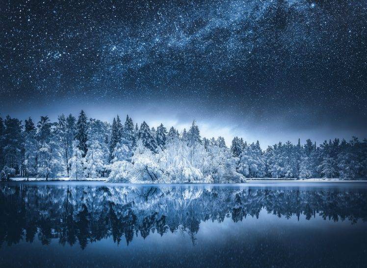 nature, Landscape, Snow, Milky Way, Lake, Starry Night, Water, Reflection, Forest, Fall, Trees, Finland, Long Exposure HD Wallpaper Desktop Background