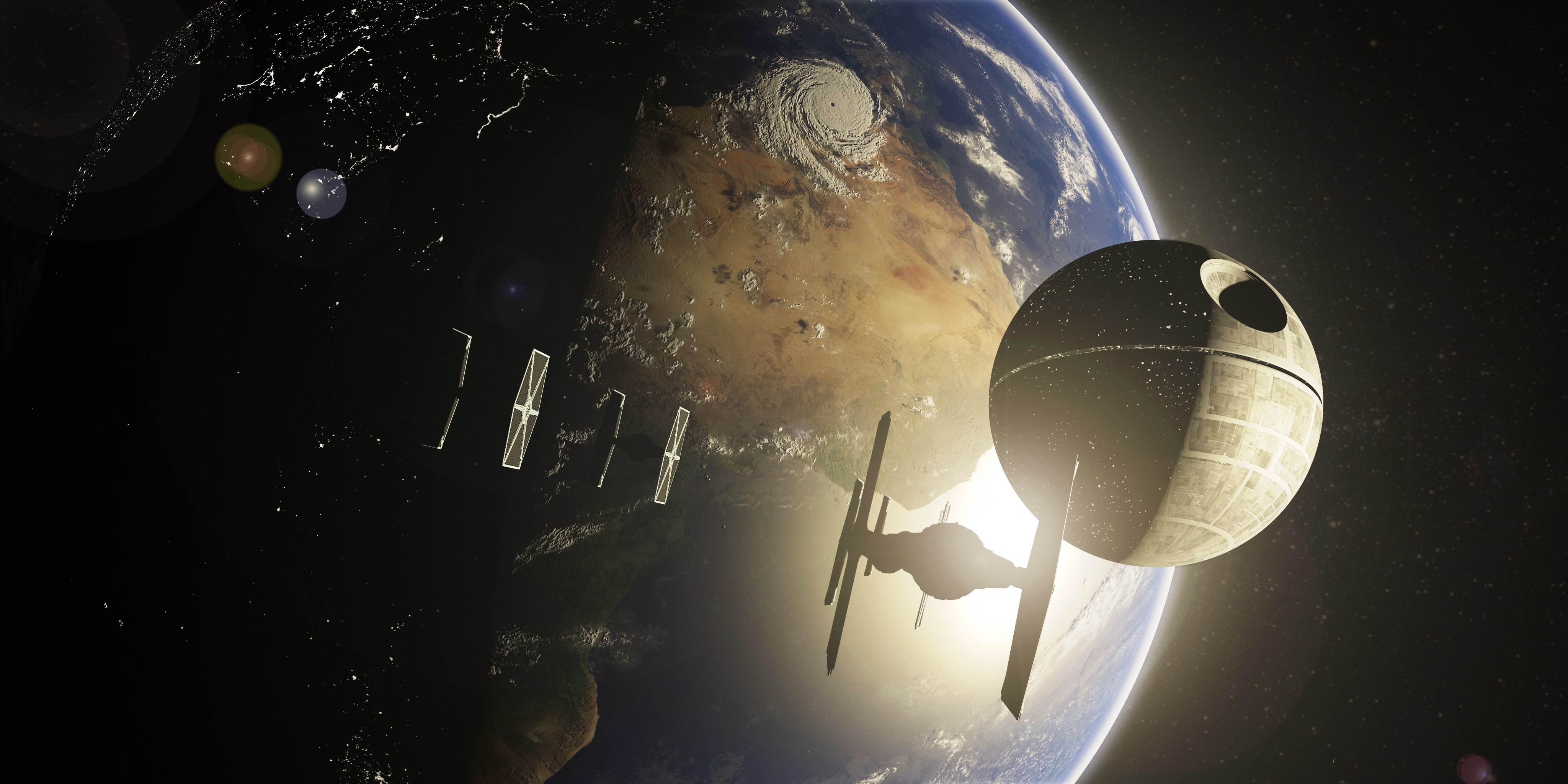 Star Wars, Death Star, TIE Fighter, Space, Planet, Earth Wallpaper