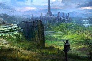 The Elder Scrolls IV: Oblivion, Video Games, RPG, Imperial City, Artwork, Concept Art, Digital Art, Medieval, Bows, Sword, Warrior, Tower, Valley, Mountain, Landscape, Feng Zhu