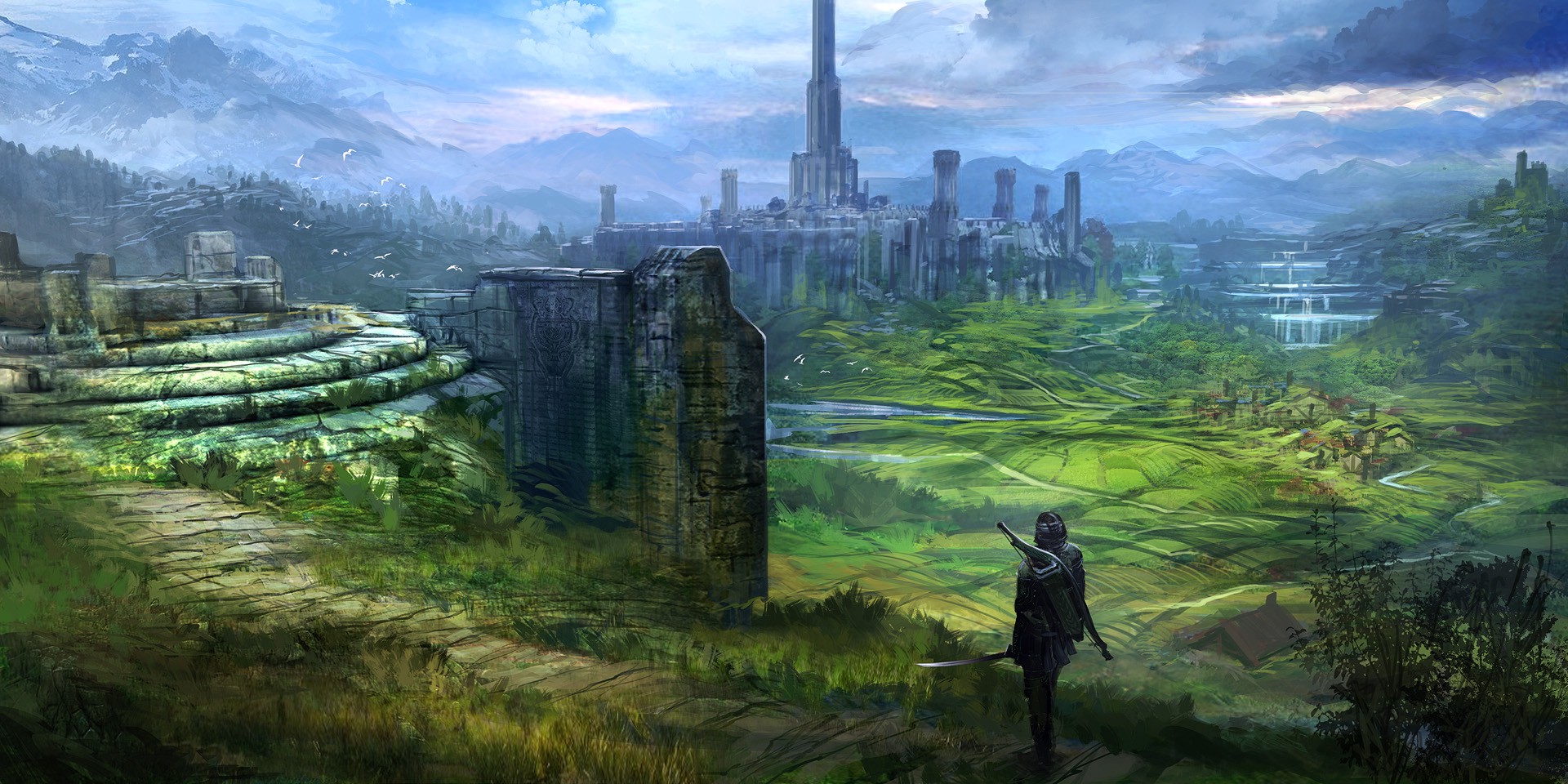 The Elder Scrolls IV: Oblivion, Video Games, RPG, Imperial City, Artwork, Concept Art, Digital Art, Medieval, Bows, Sword, Warrior, Tower, Valley, Mountain, Landscape, Feng Zhu Wallpaper