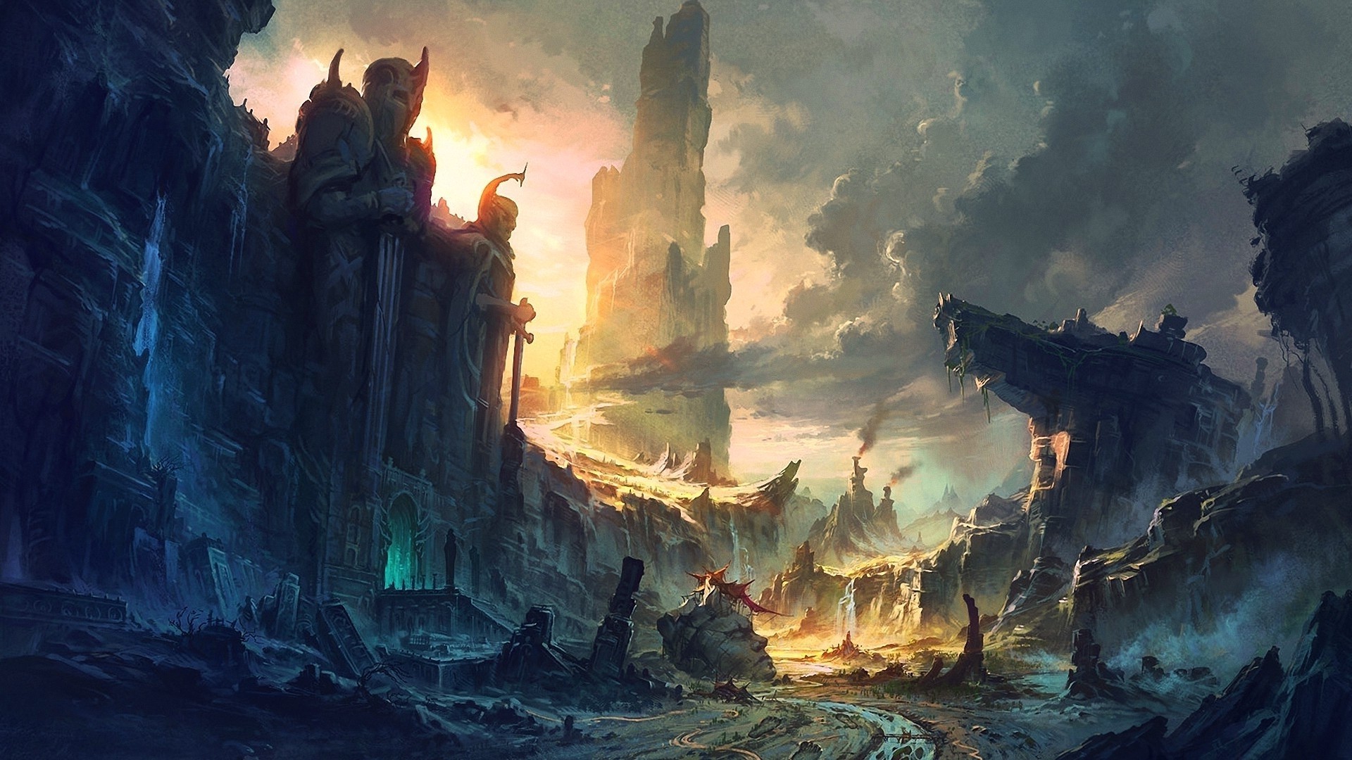 castle, Sunlight, Landscape, Ruin, Mountain, Artwork, Fantasy Art Wallpaper