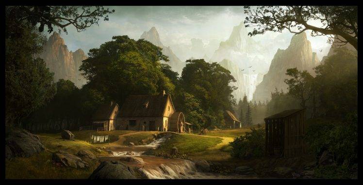 Andree Wallin, Mill, Mountain, Artwork, Fantasy Art, Landscape, Concept Art HD Wallpaper Desktop Background