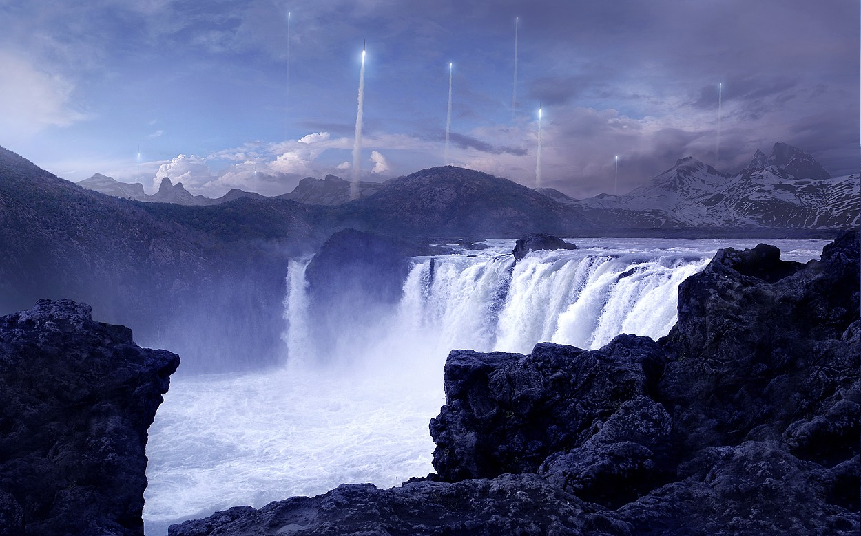 Andree Wallin, Waterfall, Rock, Futuristic, Mountain, Water, Landscape, Artwork, Fantasy Art, Concept Art Wallpaper