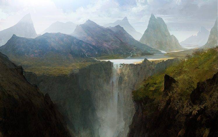 Andree Wallin, Waterfall, Mountain, Landscape, Nature, Water, Artwork, Concept Art HD Wallpaper Desktop Background