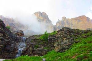 waterfall, Mountain, Mist, Clouds, Rock, Water, Alps, Photography, Landscape, Hill