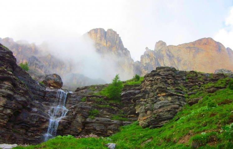 waterfall, Mountain, Mist, Clouds, Rock, Water, Alps, Photography, Landscape, Hill HD Wallpaper Desktop Background