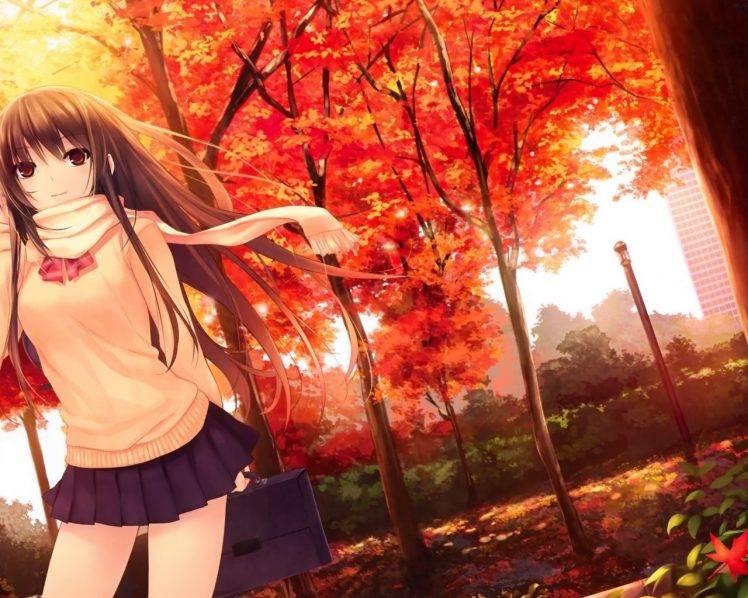 anime Girls, School Uniform, Fall HD Wallpaper Desktop Background