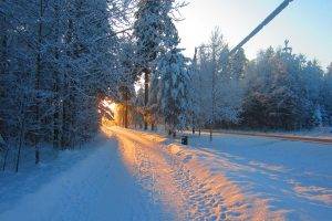 landscape, Snow, Road, Sun, Sunlight