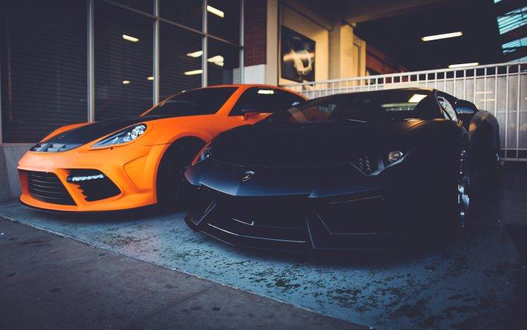 Lamborghini Aventador, Porsche Panamera, Car, Black, Orange, Vintage HD Wallpaper Desktop Background