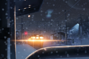 anime, 5 Centimeters Per Second, Winter, Snow, Train, Lights, Night, Bokeh