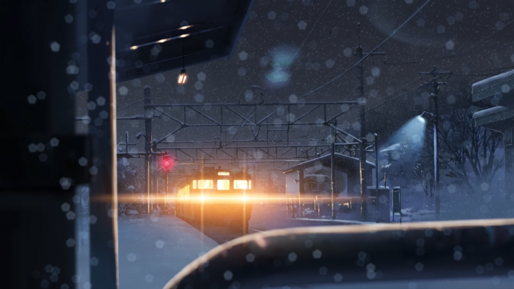 anime, 5 Centimeters Per Second, Winter, Snow, Train, Lights, Night, Bokeh HD Wallpaper Desktop Background