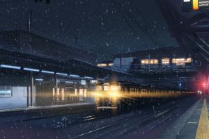 anime, Winter, Lights, Train Station, Train, Snow, Night, 5 Centimeters Per Second, Makoto Shinkai