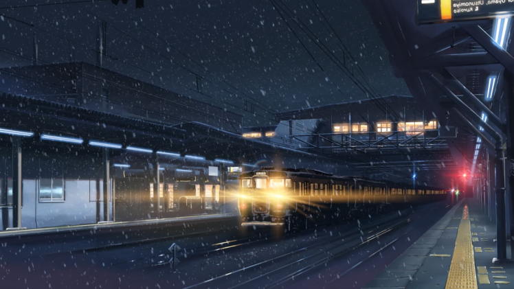 anime, Winter, Lights, Train Station, Train, Snow, Night, 5 Centimeters Per Second, Makoto Shinkai HD Wallpaper Desktop Background