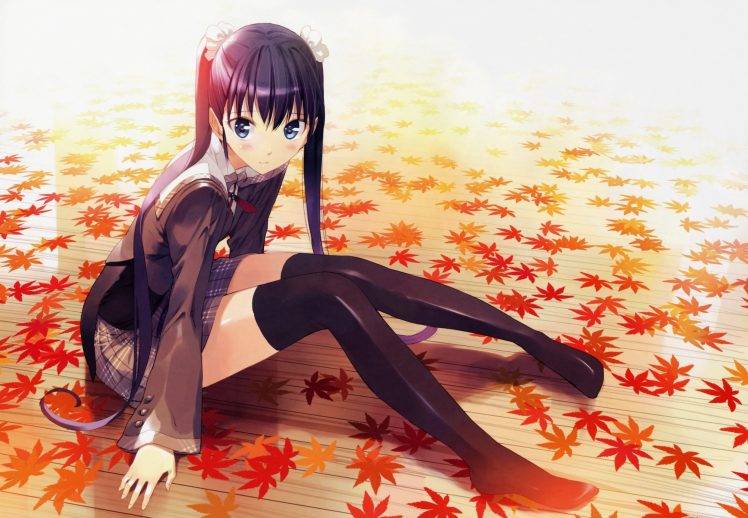 leaves, Anime, Anime Girls, Sitting, Stockings, School Uniform, Akizora Ni Mau Confetti, Ando Saya HD Wallpaper Desktop Background