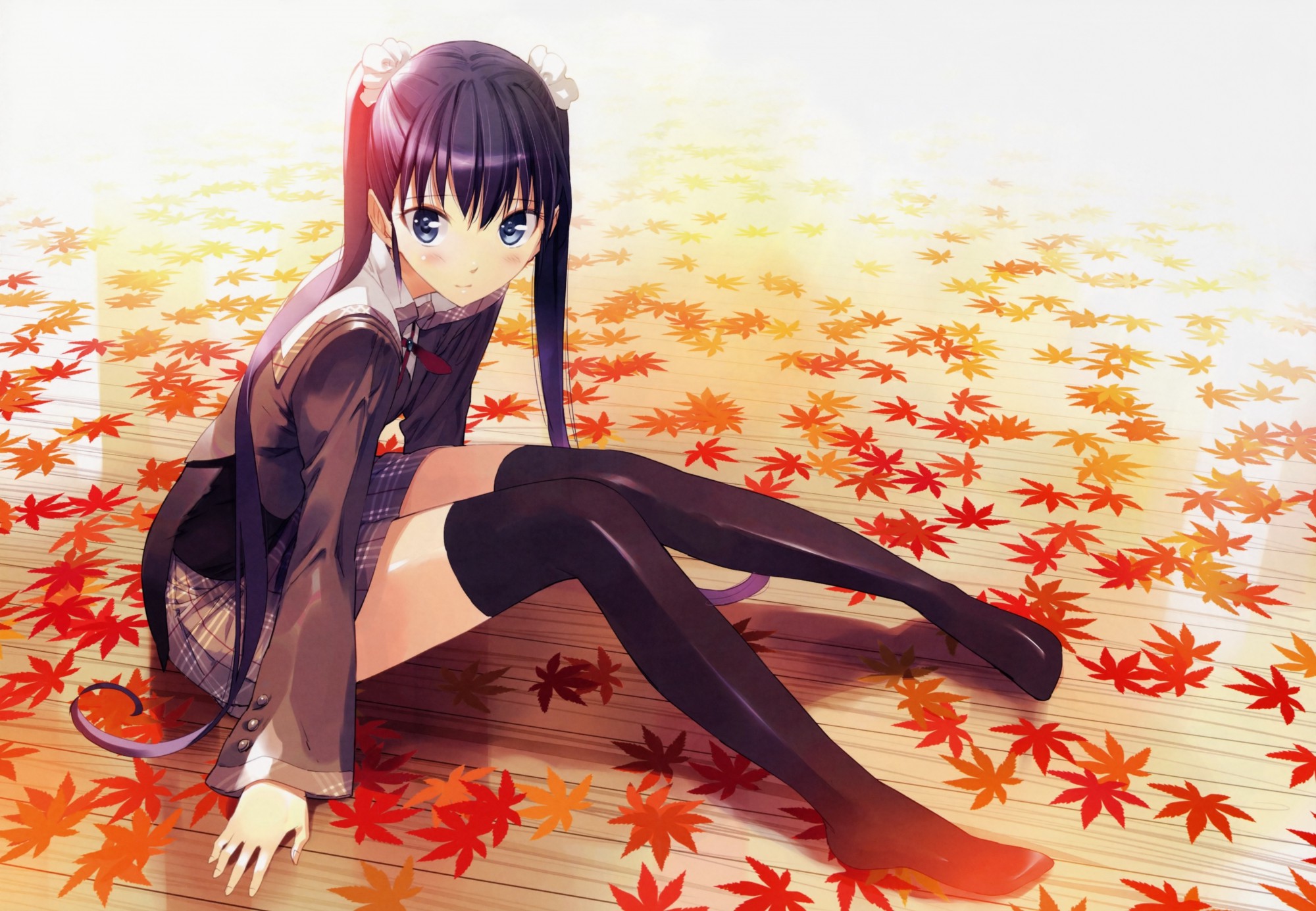 leaves, Anime, Anime Girls, Sitting, Stockings, School 