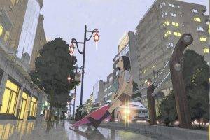 umbrella, Rain, City, Schoolgirls, Alone, Waiting, Anime, Anime Girls