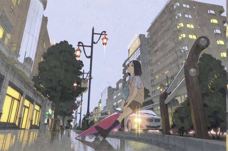 umbrella, Rain, City, Schoolgirls, Alone, Waiting, Anime, Anime Girls HD Wallpaper Desktop Background