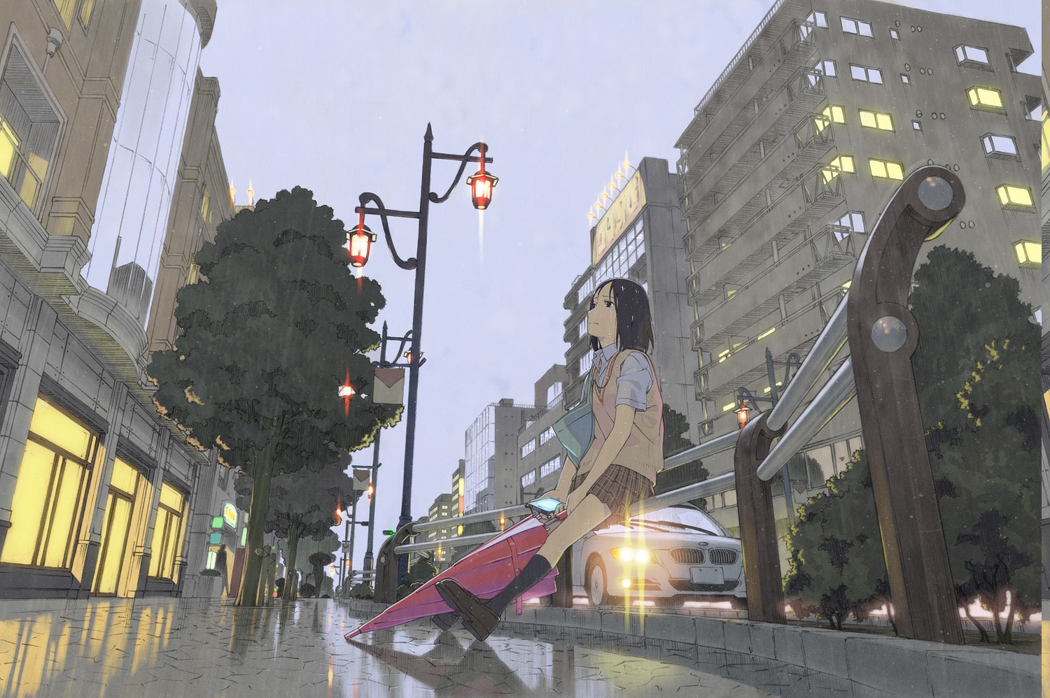 umbrella, Rain, City, Schoolgirls, Alone, Waiting, Anime ...