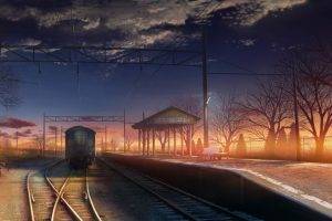 anime, Railway, Train Station, Sunset