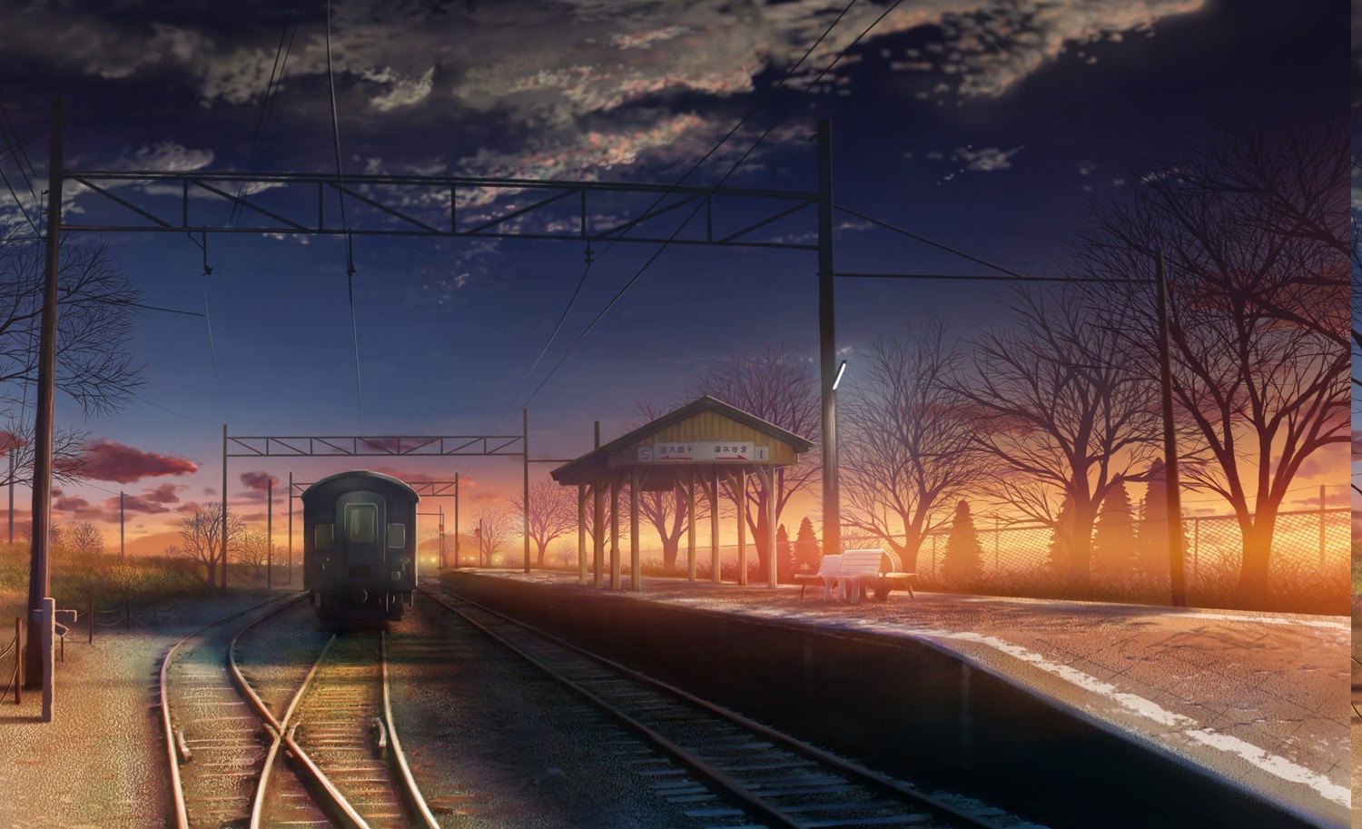 anime, Railway, Train Station, Sunset Wallpaper