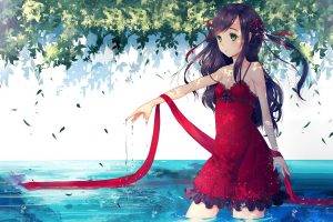 red Dress, Water, Leaves, Anime, Anime Girls