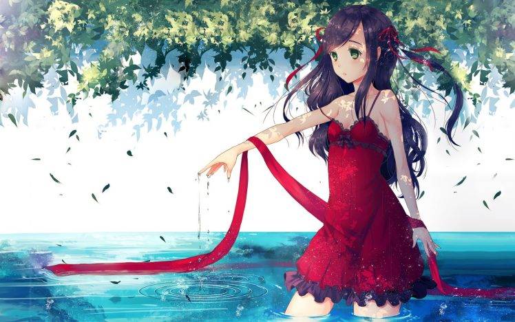 red Dress, Water, Leaves, Anime, Anime Girls HD Wallpaper Desktop Background